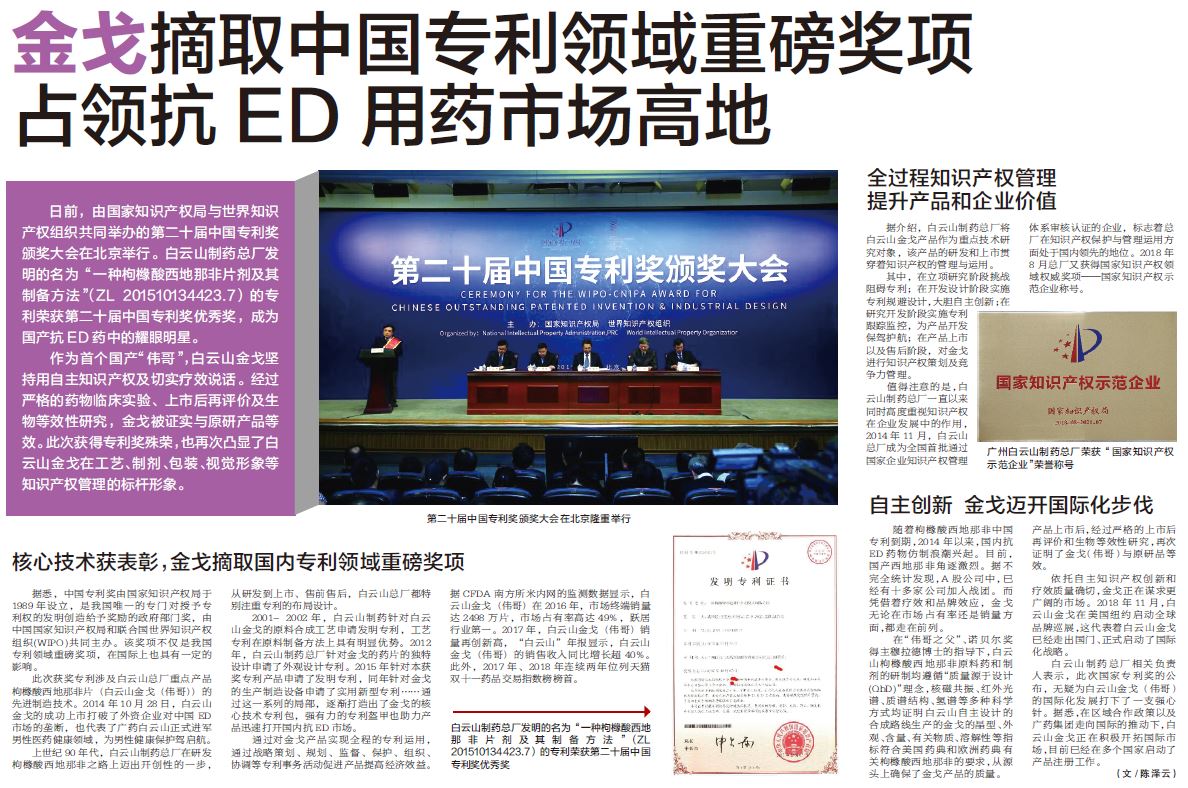 金戈摘取中国专利领域重磅奖项 占领抗ED用药市场高地